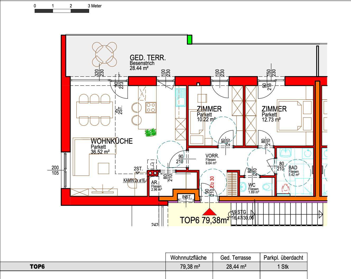 Detaillierter Grundriss einer Wohnung mit offener Wohnküche, zwei Zimmern und überdachter Terrasse.