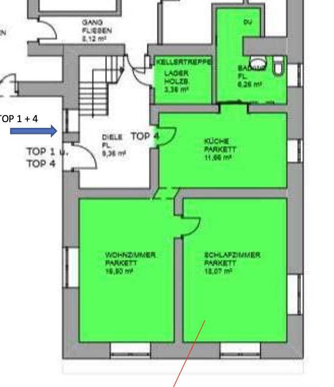 Grundriss einer Wohnung mit Wohnzimmer, Schlafzimmer, Küche und Bad.
