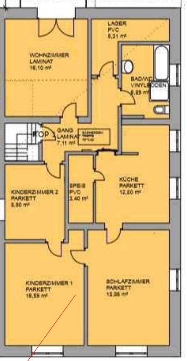 Grundriss einer Wohnung mit drei Schlafzimmern und separater Küche.