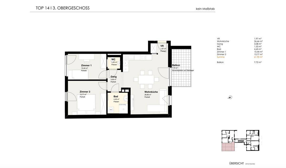 Grundriss des 3. Obergeschosses mit zwei Zimmern, Wohnküche, Bad und Balkon.