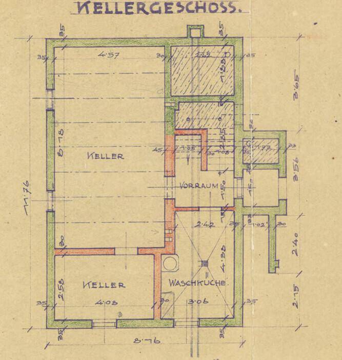 Grundriss des Kellergeschosses mit Waschküche und Kellerräumen.