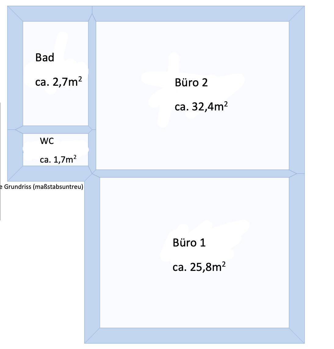 Grundriss mit zwei Büroräumen, Bad und separatem WC, ideal für gewerbliche Nutzung.