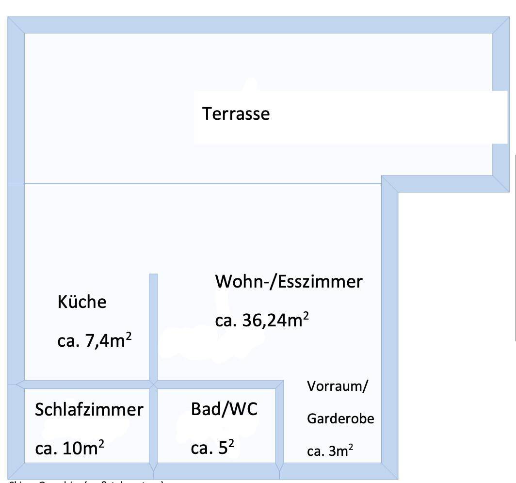 Grundriss einer Wohnung mit Wohn-/Esszimmer, Küche, Schlafzimmer, Bad/WC und Terrasse.