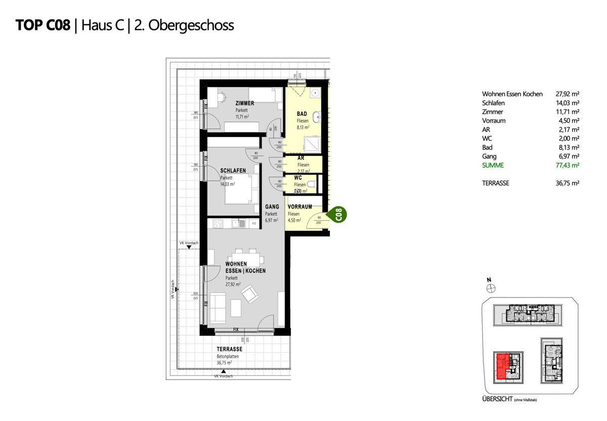 Grundriss der Wohnung TOP C08 im 2. Obergeschoss mit offener Wohnküche und großer Terrasse.