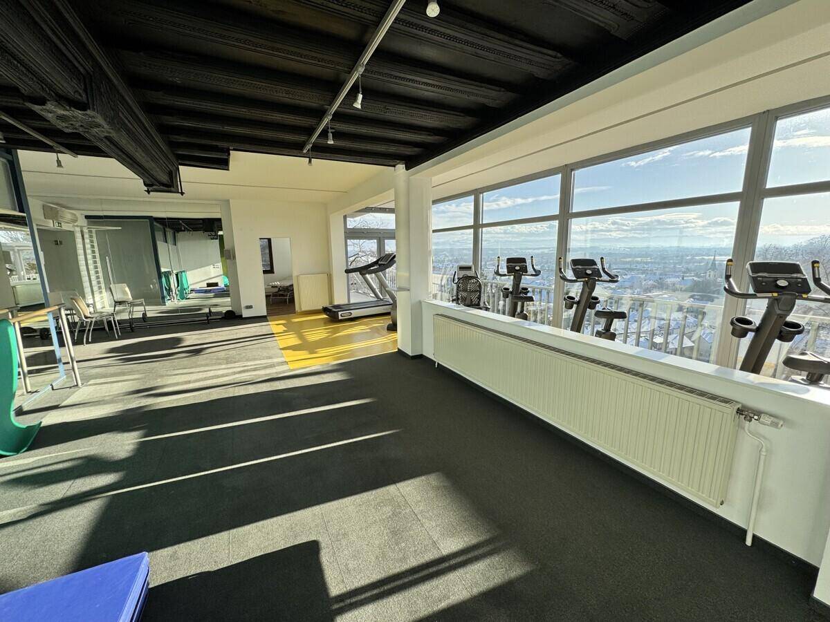 Großer Fitnessraum mit Trainingsgeräten, Teppichboden und weitem Blick durch die Fenster.