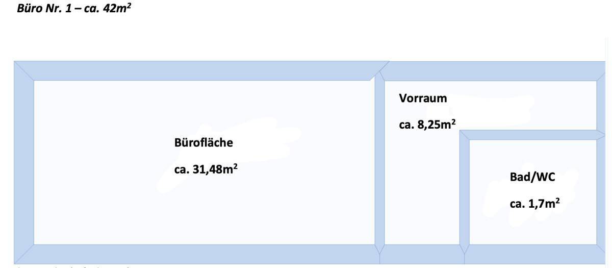 Grundriss für ein Büro mit Vorraum und Bad/WC, ca. 42m² Gesamtfläche.
