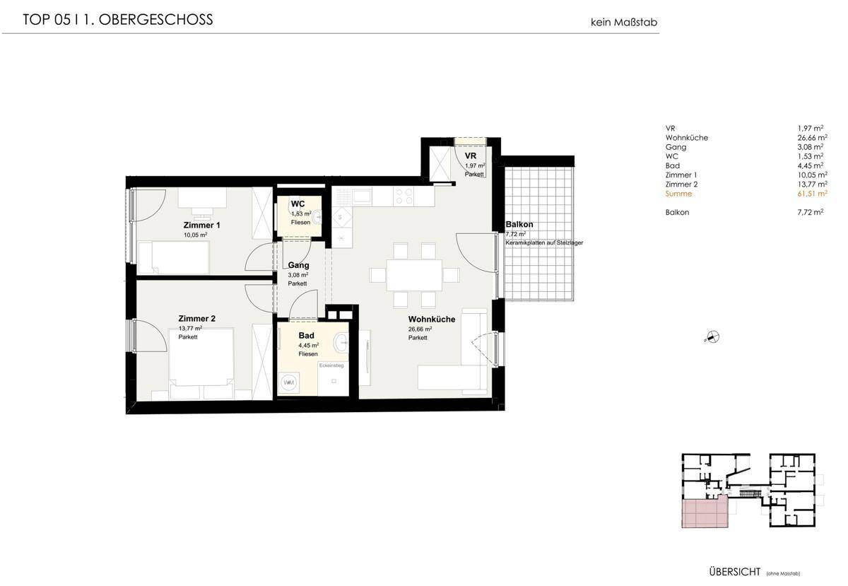 Grundriss einer Wohnung im ersten Obergeschoss mit offener Wohnküche, zwei Zimmern und Balkon.