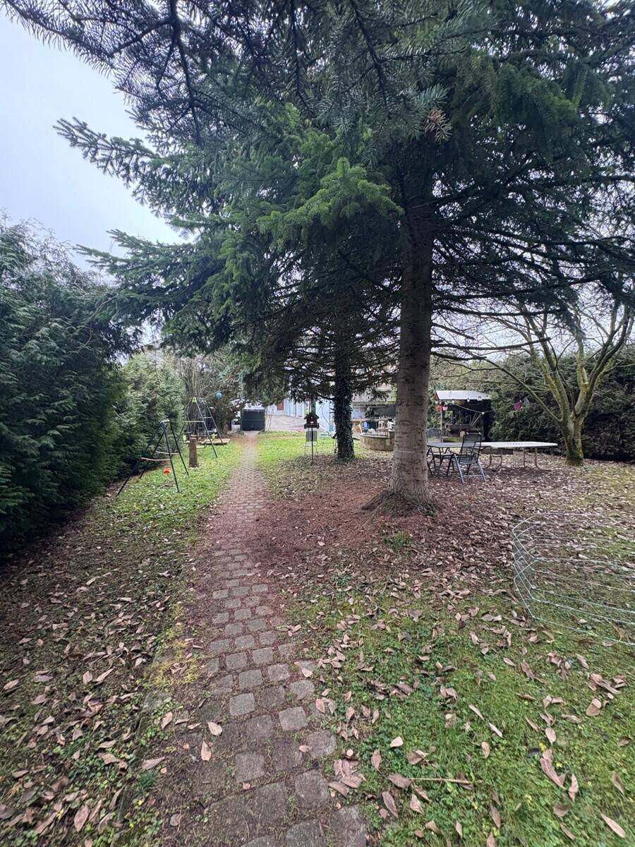 Gartenweg aus Kopfsteinpflaster, umgeben von Bäumen und Sträuchern in einem großen Garten.