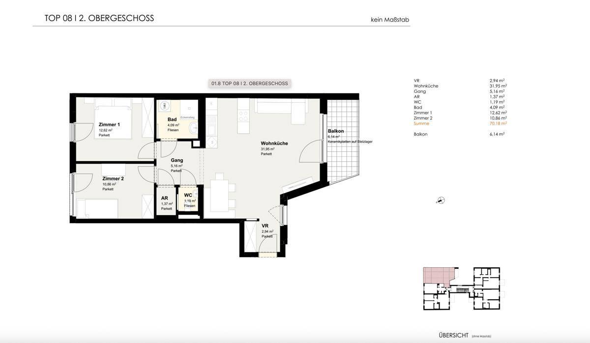 Grundriss für TOP 08 im 2. Obergeschoss mit zwei Zimmern, Bad und Wohnküche.