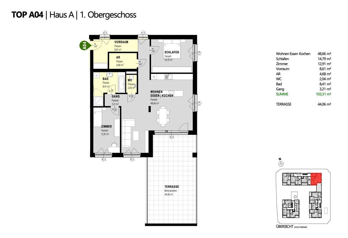 Grundrissplan der Wohnung TOP A04 im ersten Obergeschoss mit großer Terrasse.