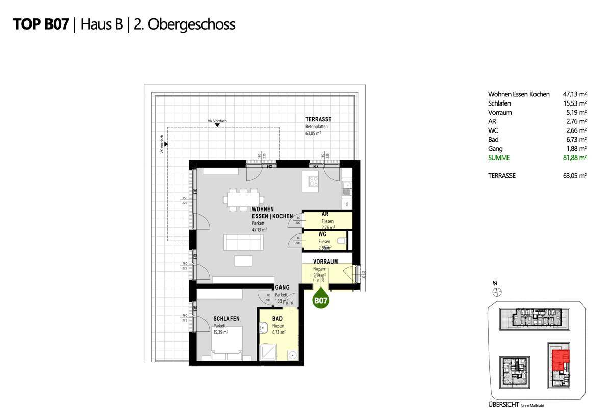 Grundriss des 2. Obergeschosses mit Wohn-Essbereich, Schlafzimmer und großer Terrasse.