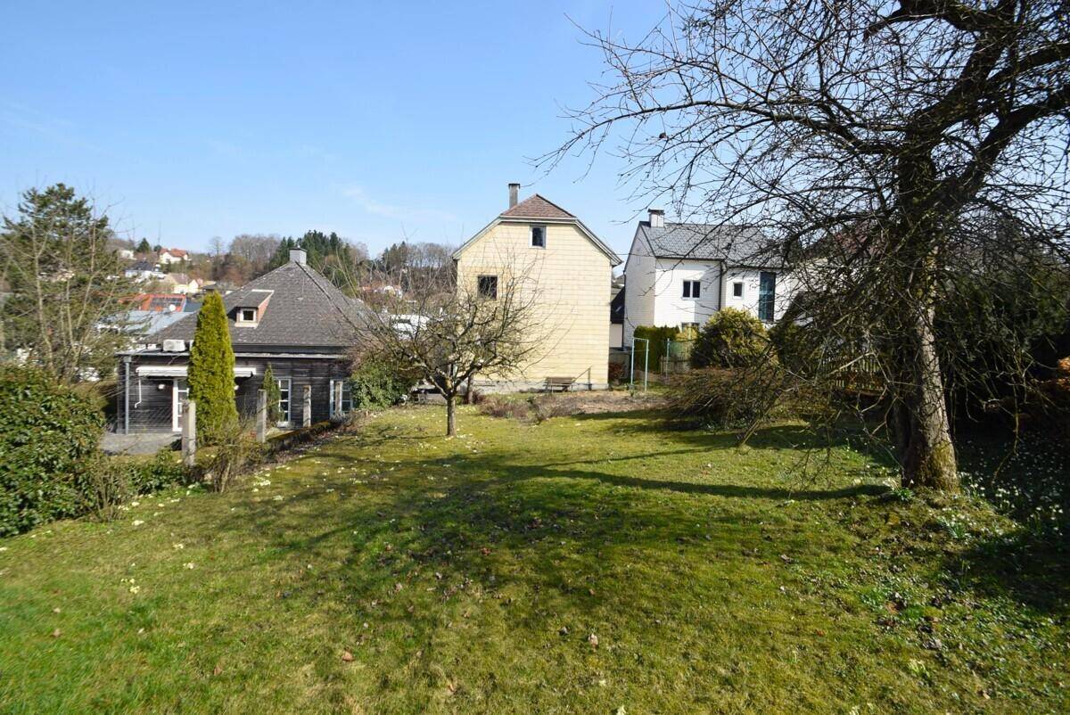 Großer, gepflegter Garten mit Rasenfläche, Bäumen und Blick auf das Haus.