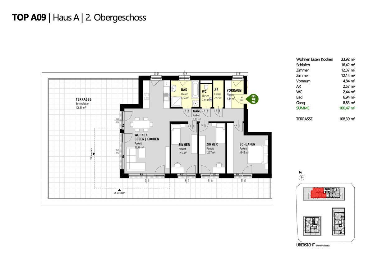 Grundriss einer Wohnung im zweiten Obergeschoss mit drei Zimmern und großer Terrasse.
