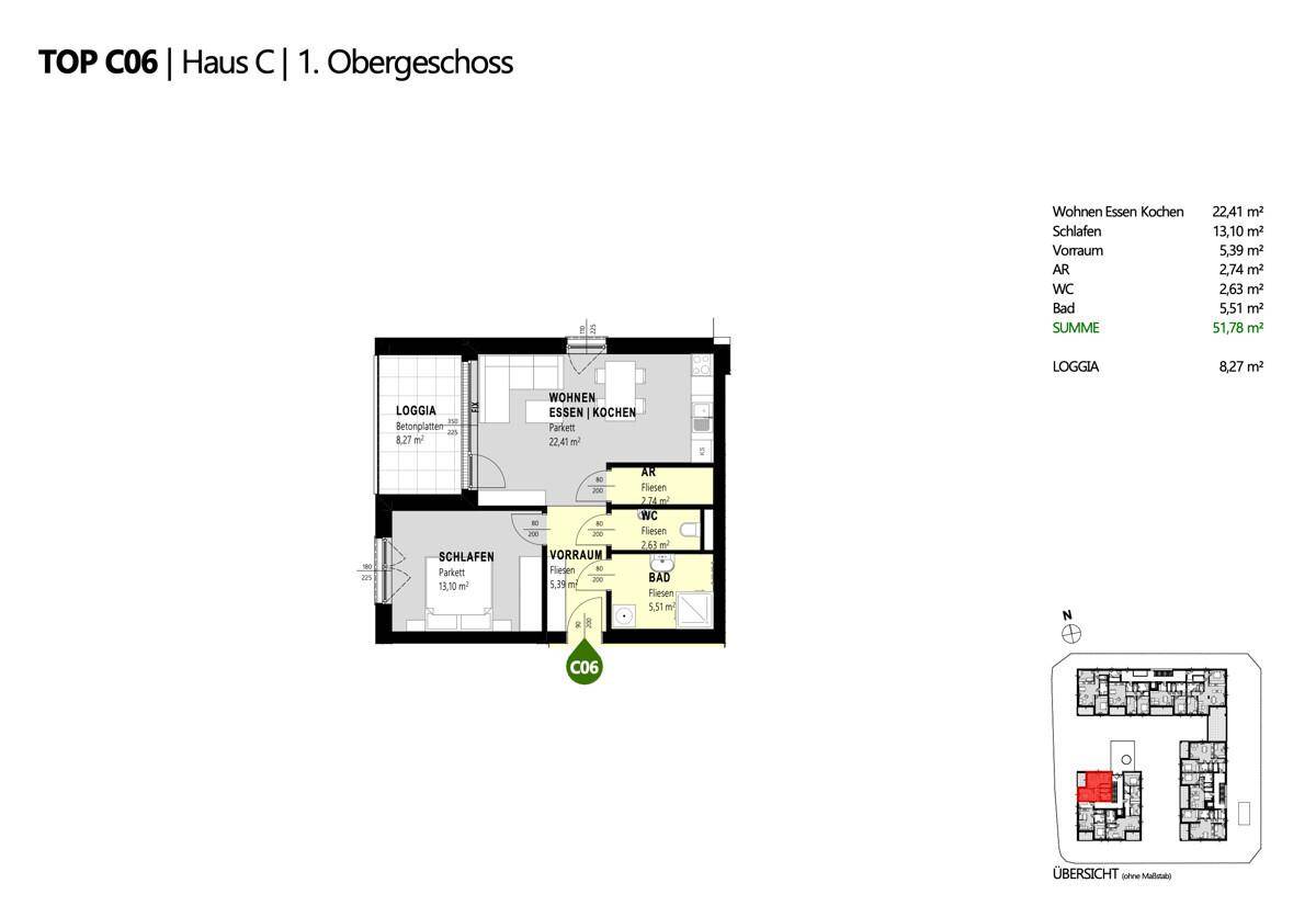 Grundriss der Wohnung TOP C06 im ersten Obergeschoss mit Loggia und offenem Wohnbereich.