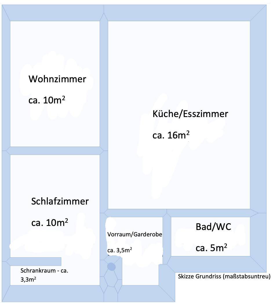 Grundriss einer Wohnung mit Wohnzimmer, Küche/Esszimmer, Schlafzimmer, Bad/WC und Schrankraum.