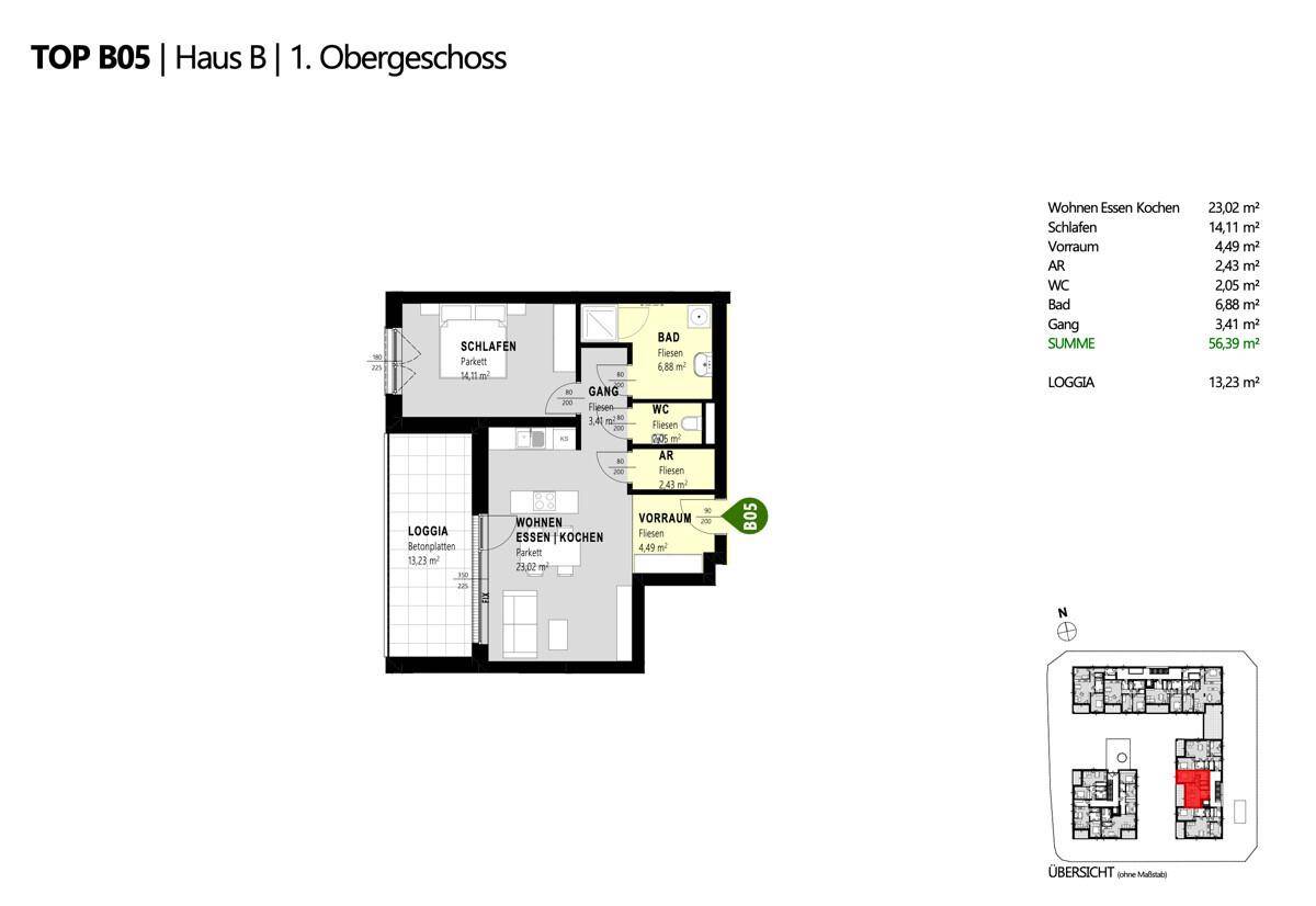 Grundriss der Wohnung TOP B05 im ersten Obergeschoss mit offenem Wohnbereich, Schlafzimmer, Bad und Loggia.