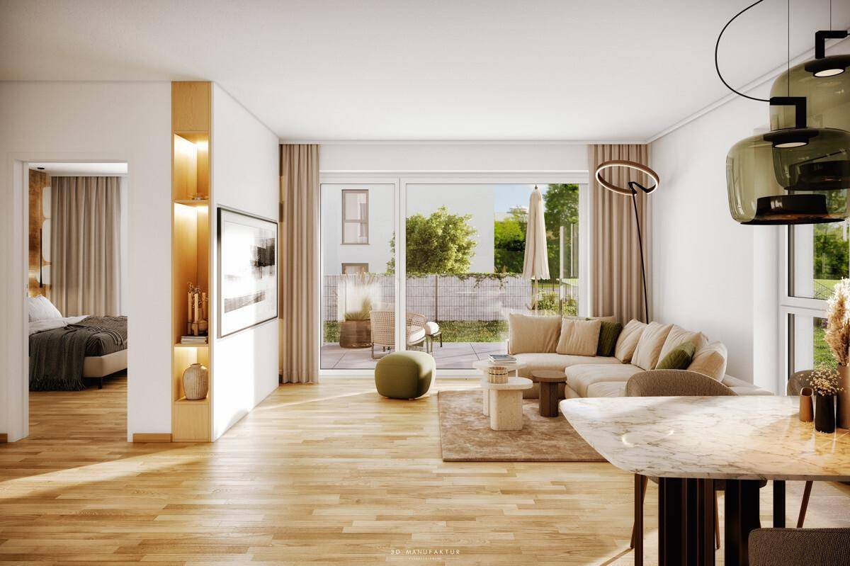 Helles Wohnzimmer mit Holzboden, Zugang zur Terrasse und Blick in ein Schlafzimmer.