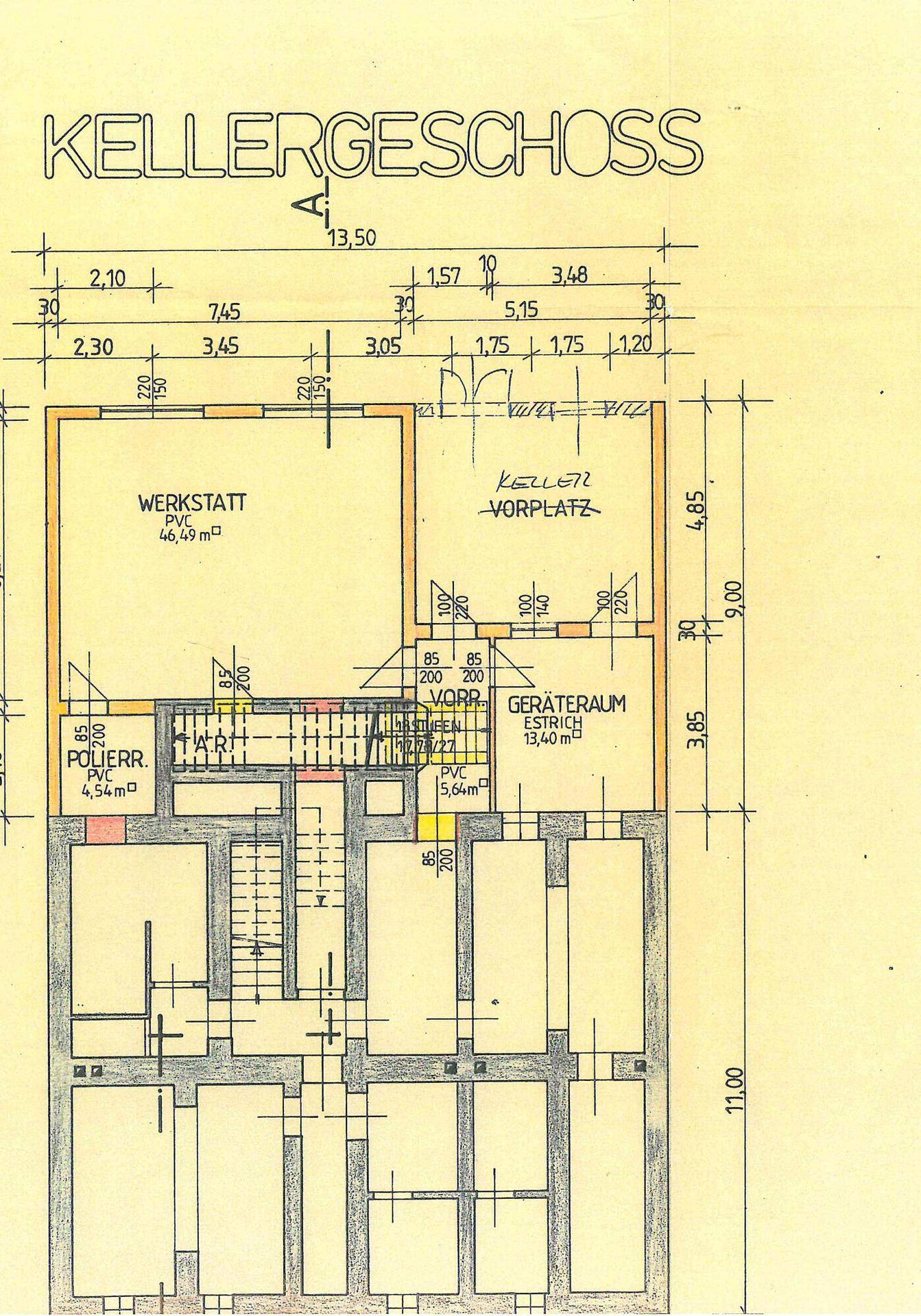 Grundriss des Kellergeschosses mit Werkstatt, Keller und Geräteraum.