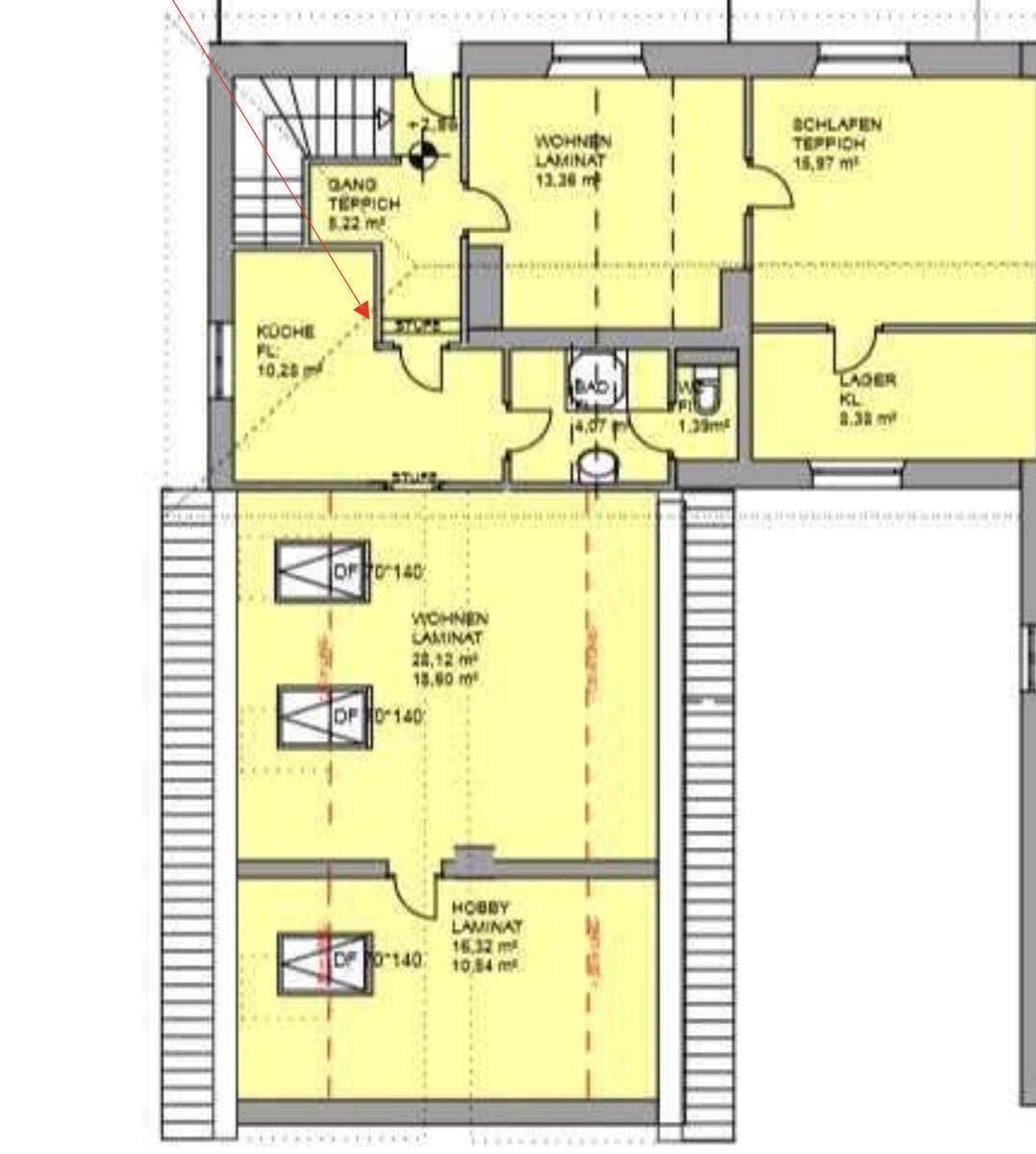 Grundriss einer weiteren Wohnung mit Wohnzimmer, Schlafzimmer und Hobbyraum.