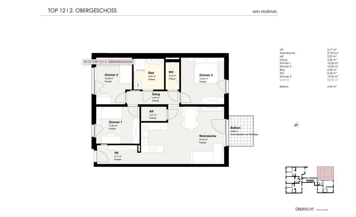 Grundriss der Wohnung TOP 12 im 2. Obergeschoss mit drei Zimmern und Balkon.