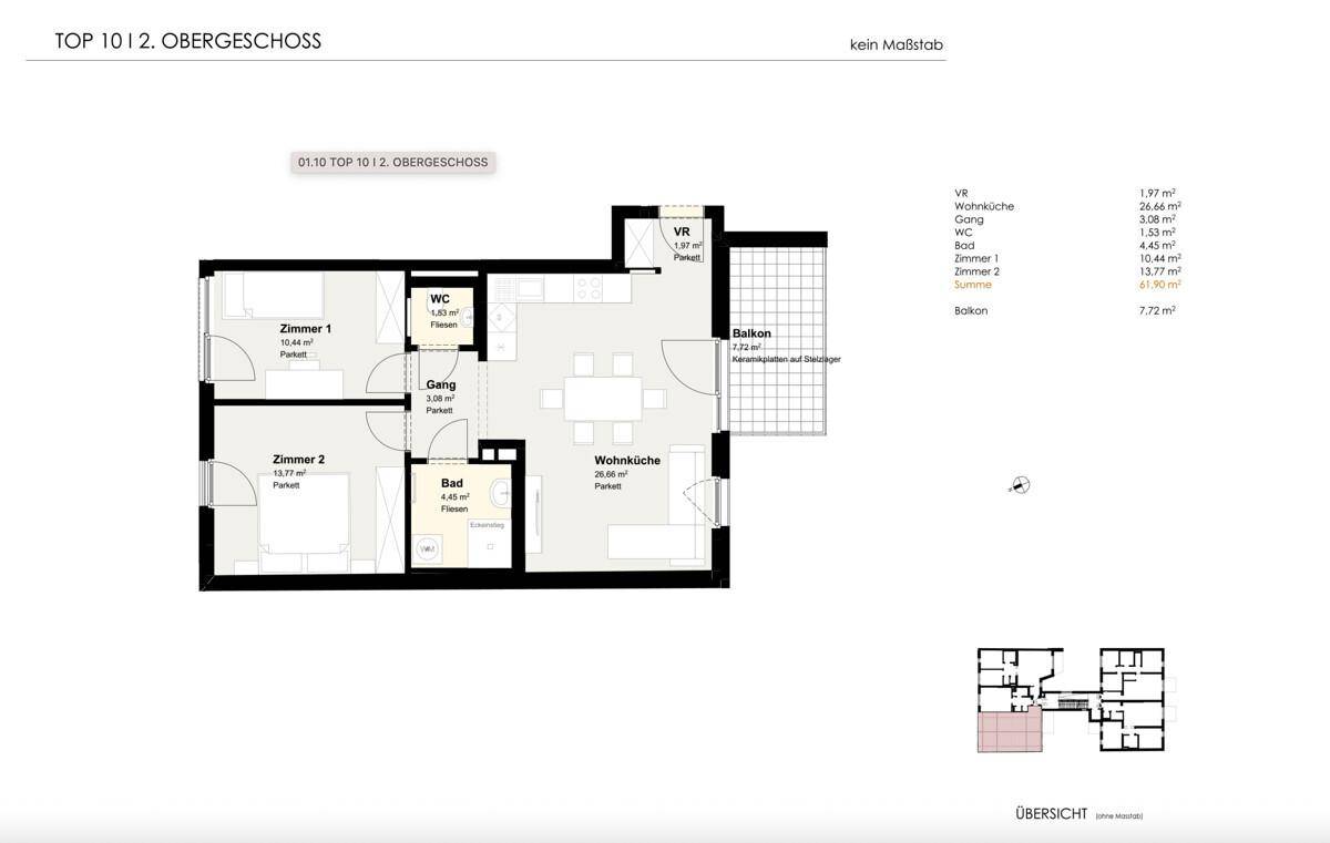 Grundriss einer Obergeschosswohnung mit Wohnküche, zwei Schlafzimmern und Balkon.