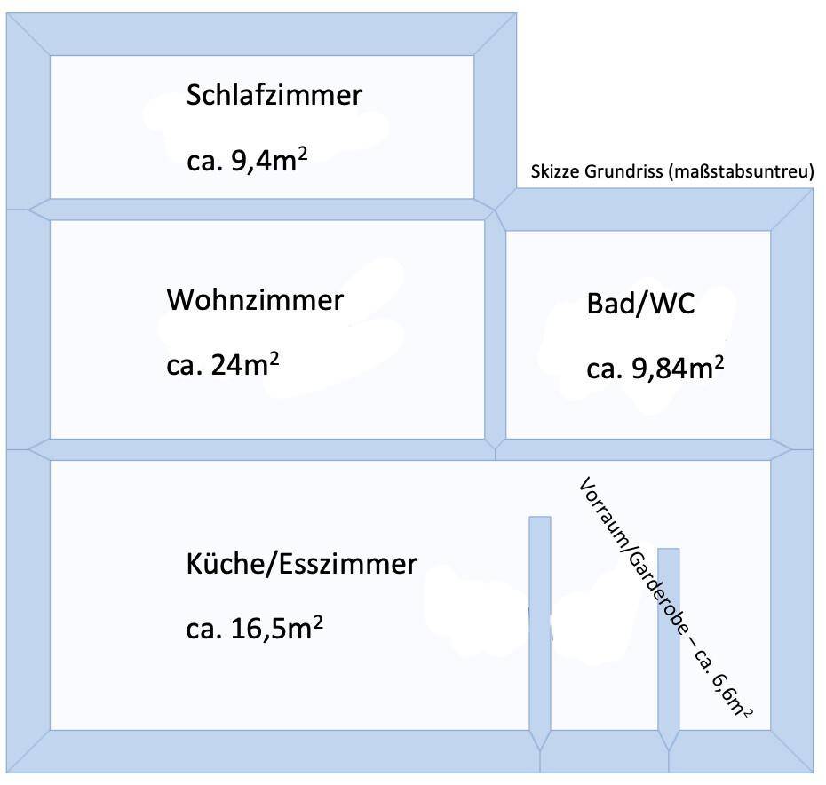 Grundriss einer Wohnung mit Wohnzimmer, Küche/Esszimmer, Schlafzimmer und Bad/WC.