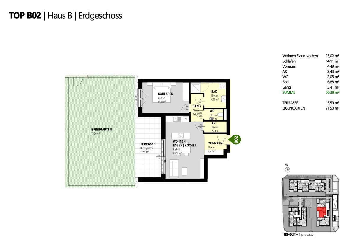 Grundriss der Erdgeschosswohnung B02 mit Terrasse und eigenem Gartenbereich.