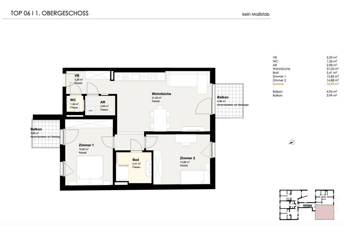 Grundriss der Wohnung Top 06 im ersten Obergeschoss mit zwei Schlafzimmern und zwei Balkonen.