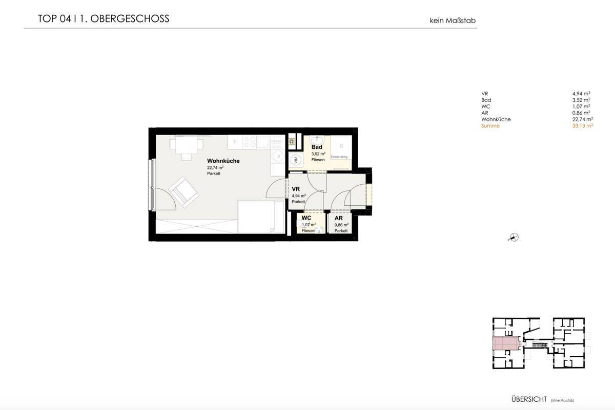 Grundriss einer Wohnung im ersten Obergeschoss mit Wohnküche, Bad und separatem WC.