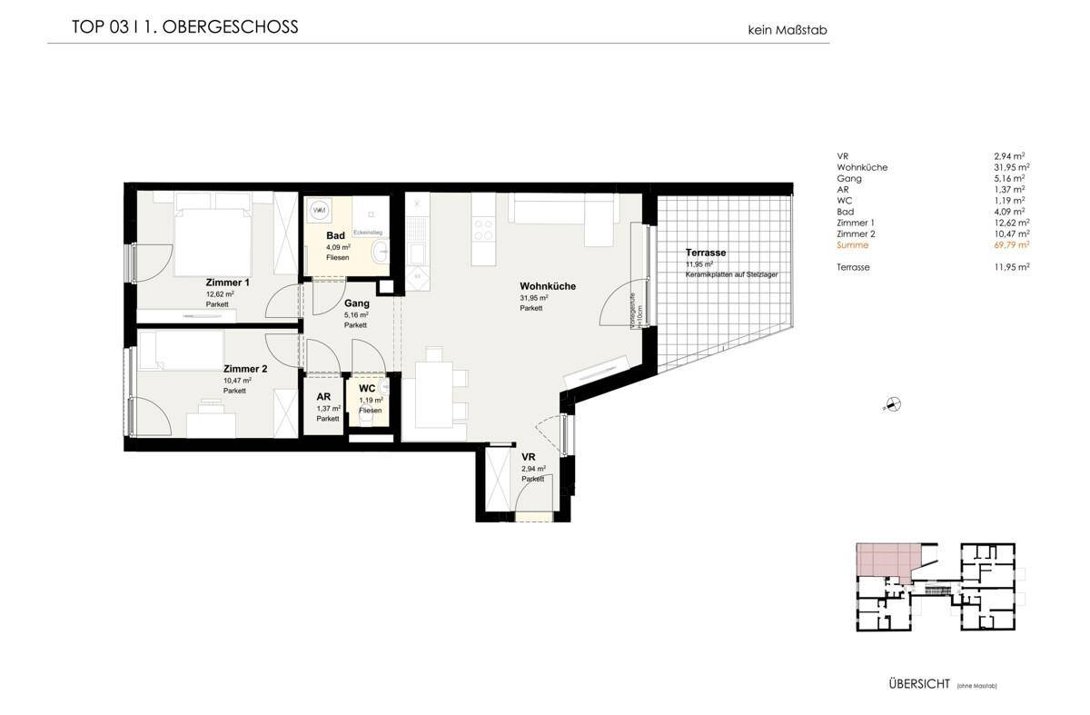 Grundriss einer Wohnung mit zwei Zimmern, Bad, WC, Wohnküche und einer großzügigen Terrasse.
