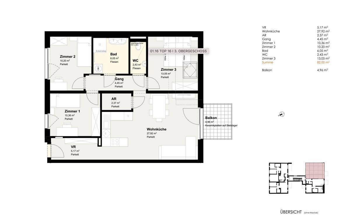 Grundriss einer 3-Zimmer-Wohnung mit offener Wohnküche, Bad, WC und Balkon.