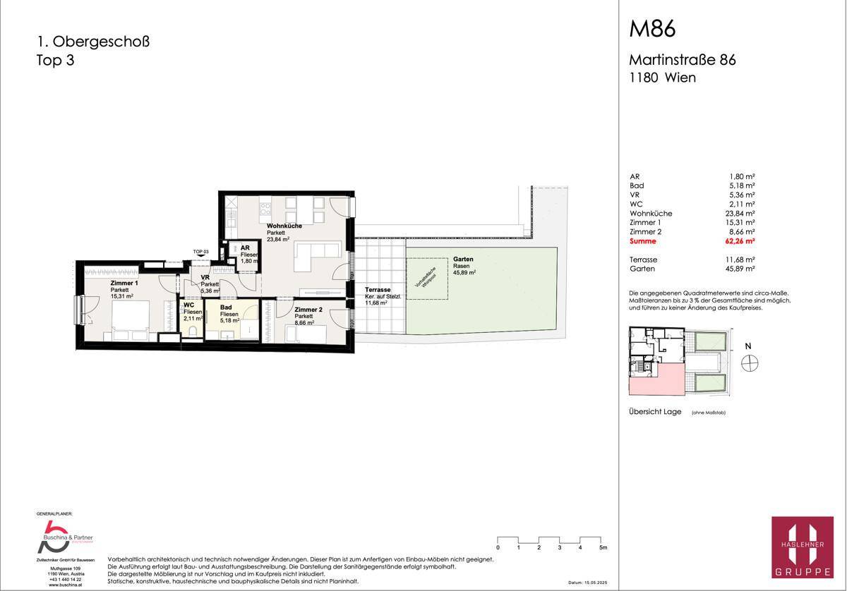 Grundriss des 1. Obergeschosses Top 3 mit Wohnküche, zwei Zimmern, Terrasse und Garten.