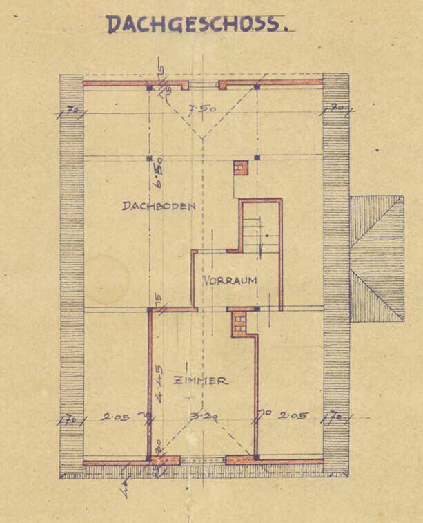 Grundriss des Dachgeschosses mit Dachboden und einem Zimmer.
