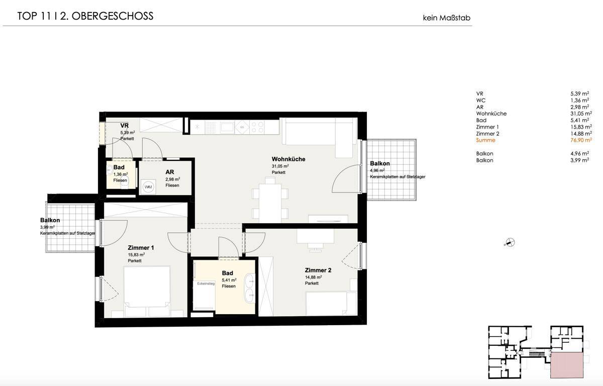 Grundrissplan des Obergeschosses mit zwei Schlafzimmern, Wohnküche und zwei Balkonen.