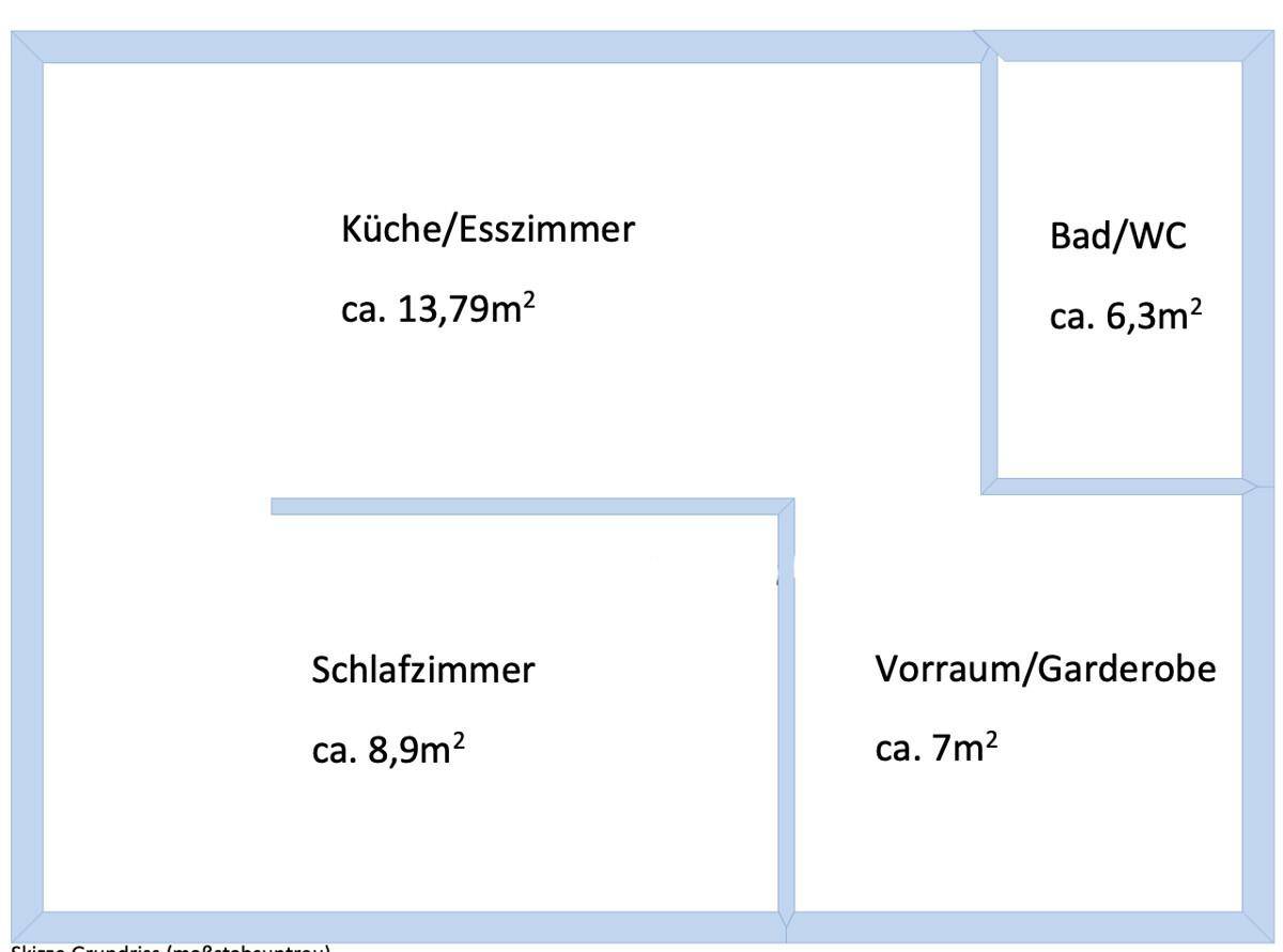 Grundriss einer Wohnung mit Küche/Esszimmer, Schlafzimmer, Bad/WC und Vorraum.