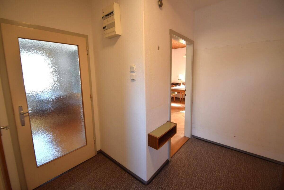 Eingangsbereich mit Teppichboden und einer Tür mit Milchglas.