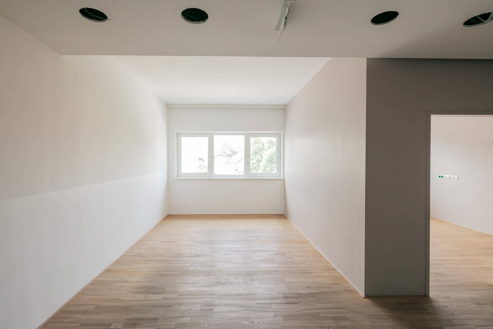 Geräumiger, heller Büroraum mit großen Fenstern und hellem Holzfußboden, ideal für flexible Arbeitsbereiche.