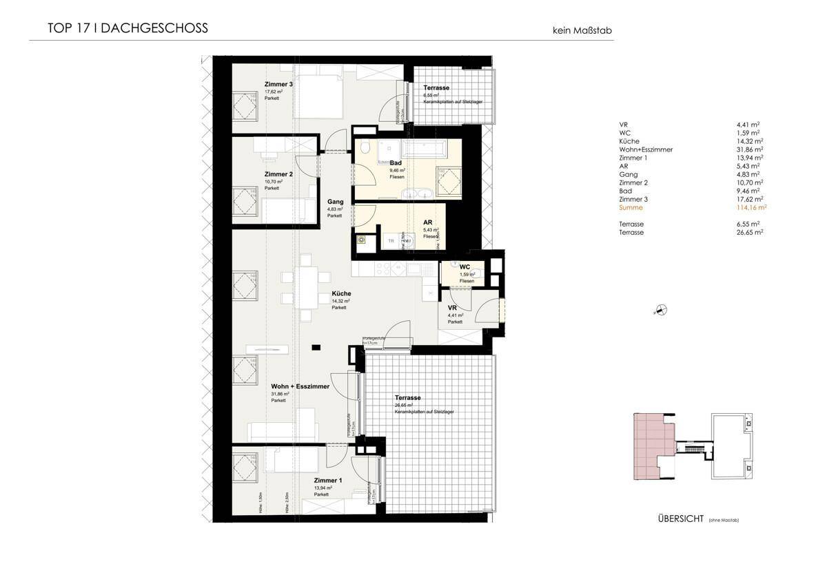 Grundriss der Dachgeschosswohnung mit drei Zimmern, zwei Bädern und zwei Terrassen.