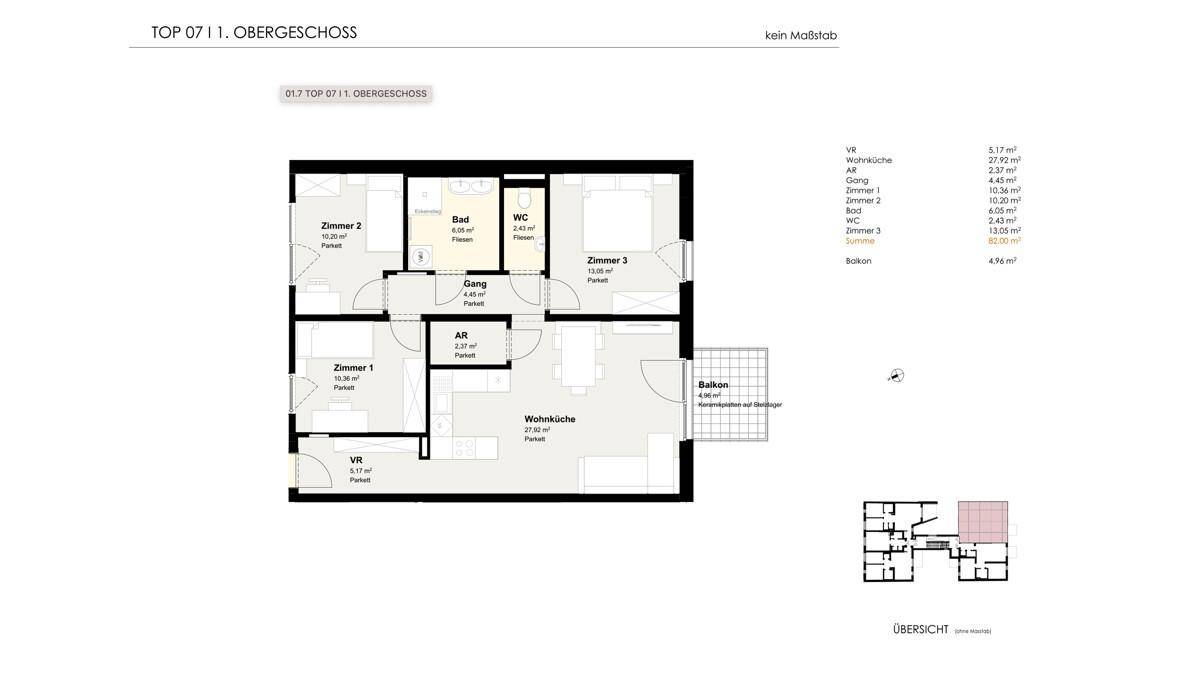 Grundriss der Wohnung TOP 07 im Obergeschoss mit drei Zimmern und Balkon.