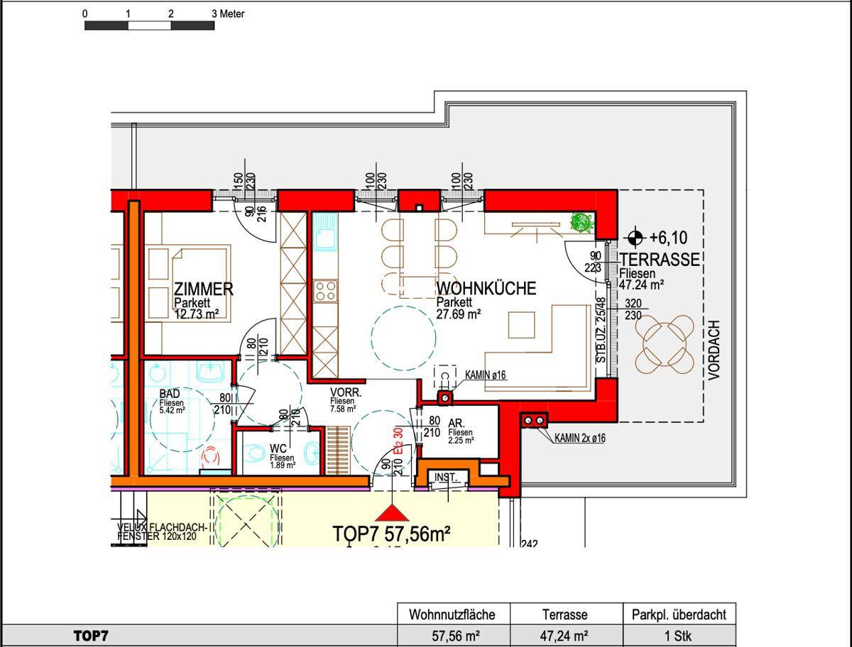 Detaillierter Grundriss einer Wohnung mit Wohnküche, Zimmern und großer Terrasse.