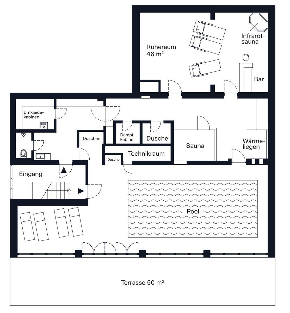 Grundriss des Untergeschosses mit Pool, Sauna, Dampfbad, Ruheraum und Terrasse.