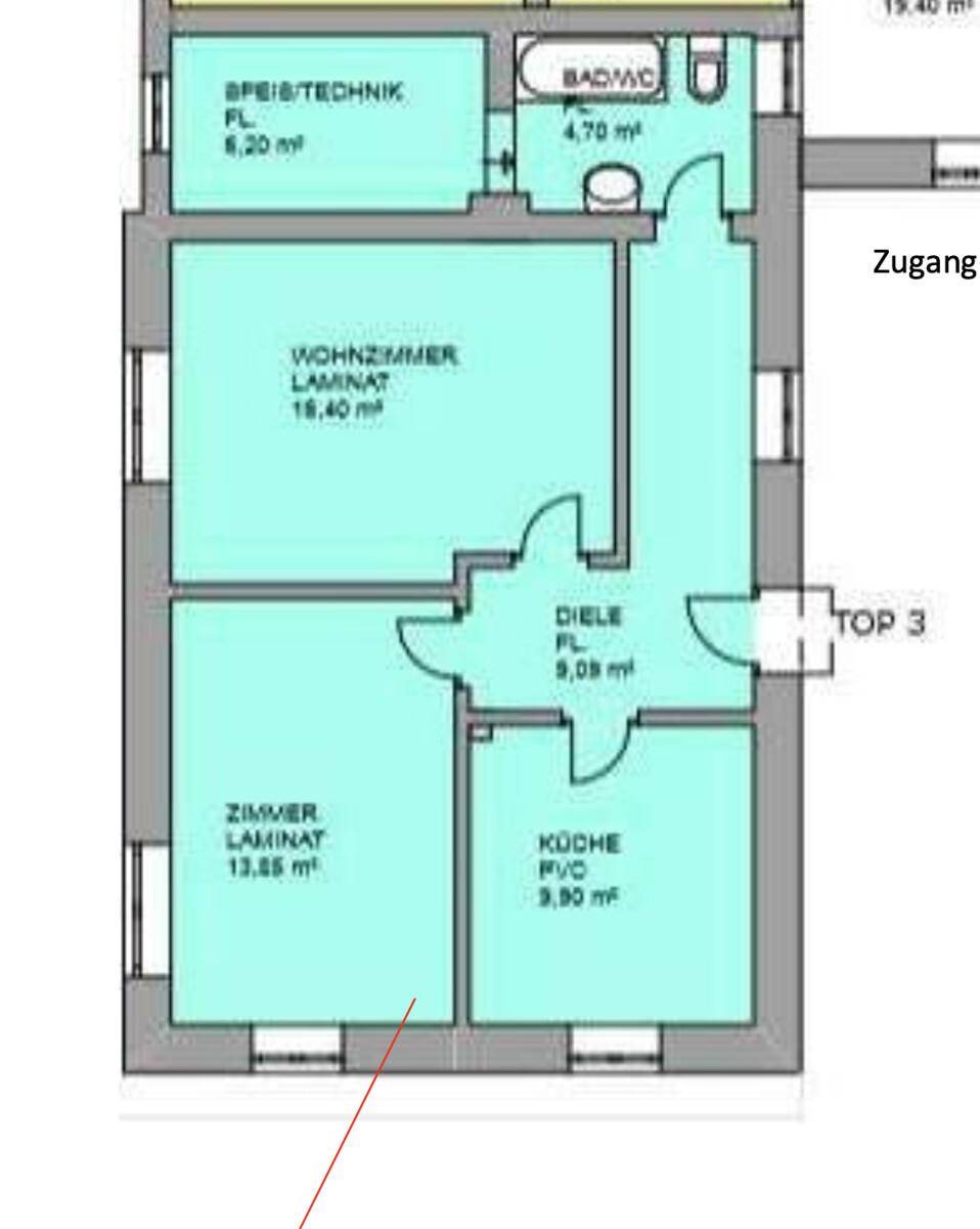 Grundriss einer Wohnung mit Wohnzimmer, Zimmer, Küche und Bad.