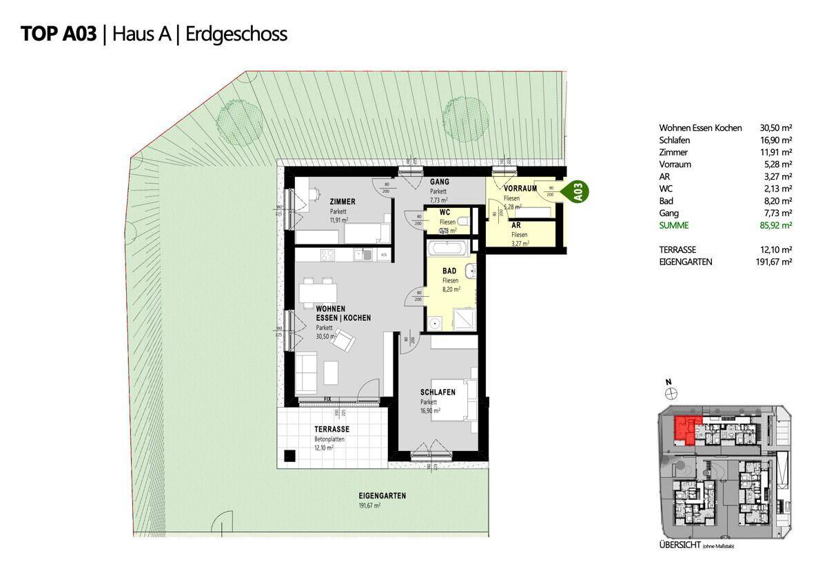 Grundriss des Erdgeschosses mit offenem Wohn-Essbereich, Schlafzimmer und großem Eigengarten.