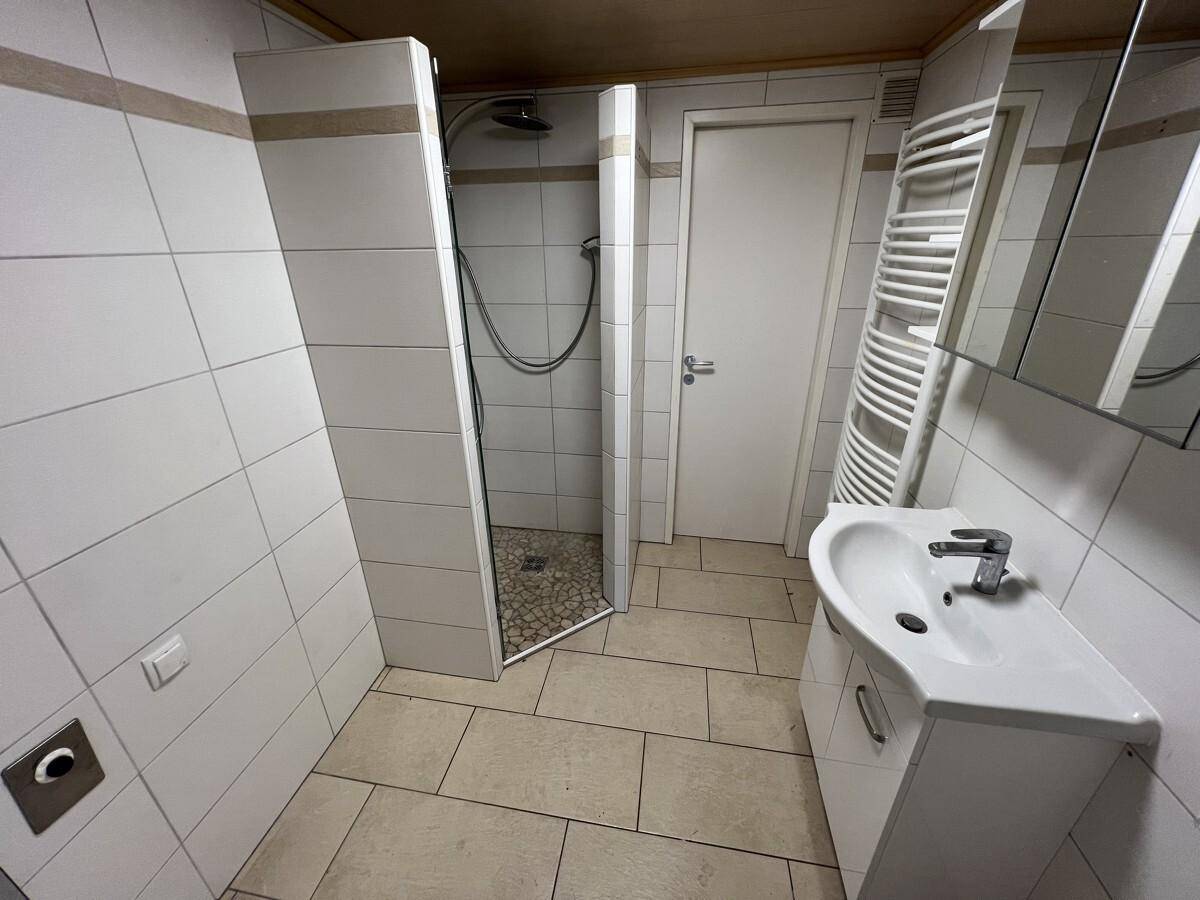 Modernes Badezimmer mit Duschkabine, Waschbecken und beheiztem Handtuchhalter.