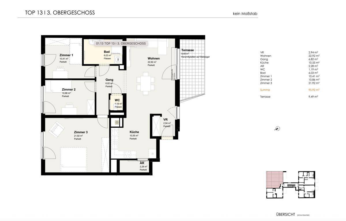 Grundriss der Wohnung TOP 13 im Obergeschoss mit drei Zimmern und Terrasse.