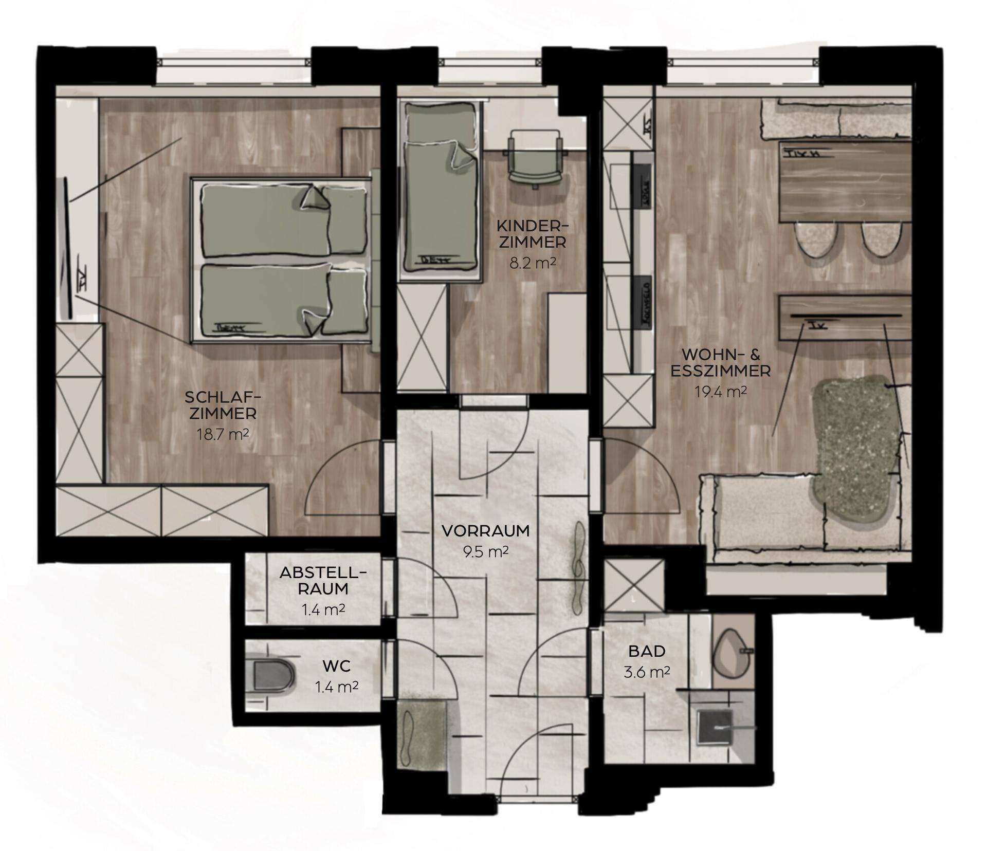 Detaillierter Grundriss mit Schlafzimmer, Kinderzimmer, Wohn- und Essbereich sowie Bad und WC.