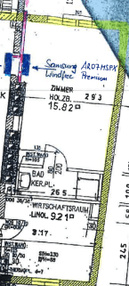 Nahaufnahme eines Grundrissabschnitts mit Zimmer, Bad und Wirtschaftsraum.