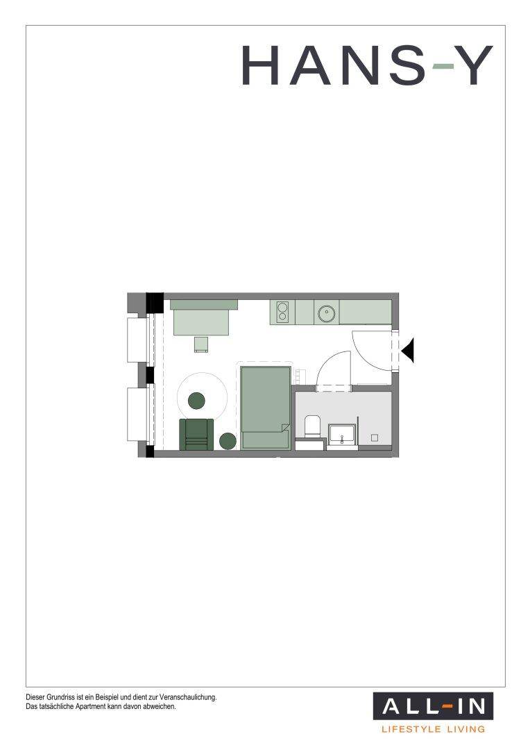 Grundriss eines Studio-Apartments mit integrierter Küchenzeile und separatem Bad.
