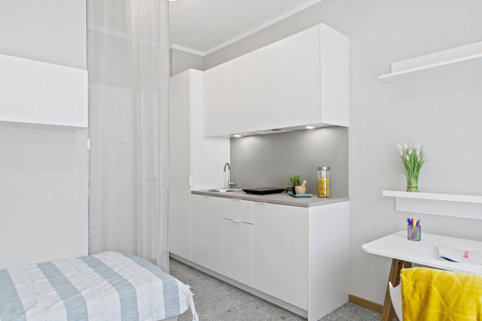 Kompaktes Studio-Apartment mit integrierter Küchenzeile, Schlafbereich und hellem Arbeitsplatz.