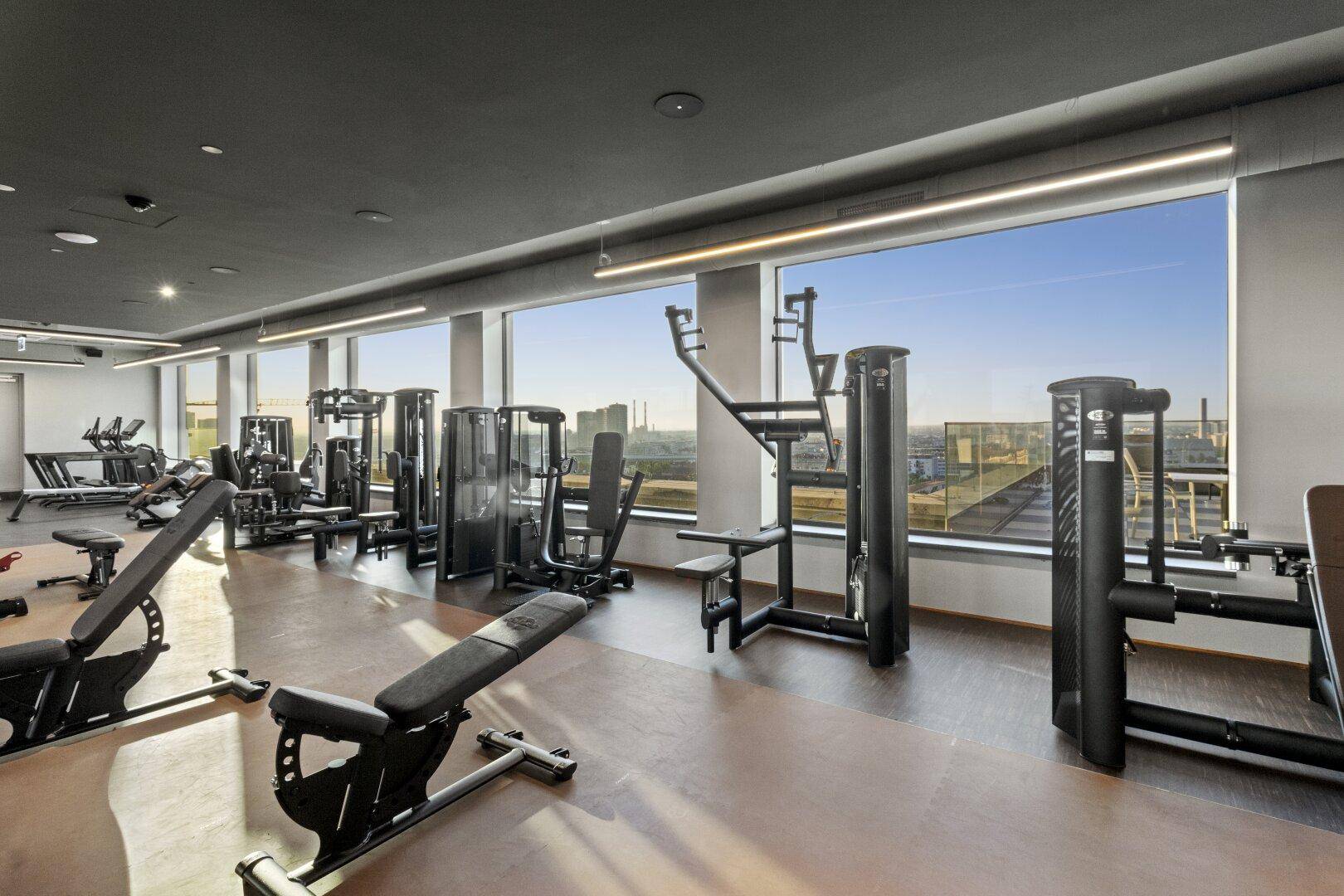 Moderner Fitnessraum mit verschiedenen Trainingsgeräten und weitem Blick über die Stadt.